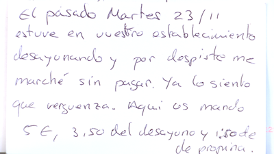 Carta enviada polo peregrino de Benidorm a un bar do Pino