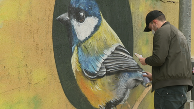 O graffiteiro Rubén Paz debuxando un paxaro