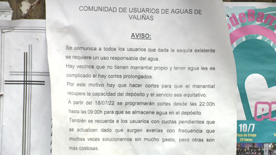 A Comunidade de Montes de Valiñas publica avisos para informar dos cortes de auga