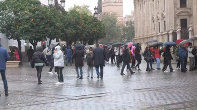 Xente paseando con paraugas por unha rúa de Sevilla