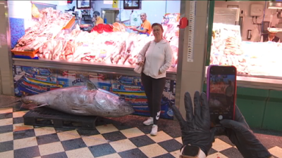 Unha clienta fai unha foto co atún de 387 quilos pescado en Gran Canaria