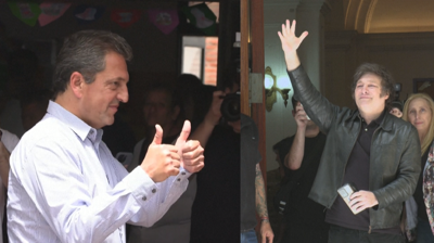Os candidatos Sergio Massa e Javier Milei na xornada electoral