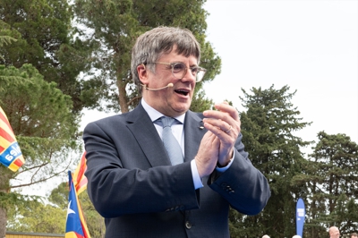 Carles Puigdemont na presentación da candidatura de Junts+ ás eleccións catalás, o pasado 6 de abril na localidade francesa de Elna (Glòria Sánchez / Europa Press)