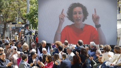 A secretaria xeral de ERC, Marta Rovira, intervén de maneira telemática durante un mitin de ERC o 4 de maio de 2024 en Pineda de Mar, Barcelona (Kike Rincón / Europa Press).