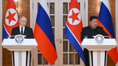 Vladimir Putin e Kim Jong Un atendendo os medios tras o seu encontro (Reuters/Sputnik/Kristina Kormilitsyna/Kremlin)