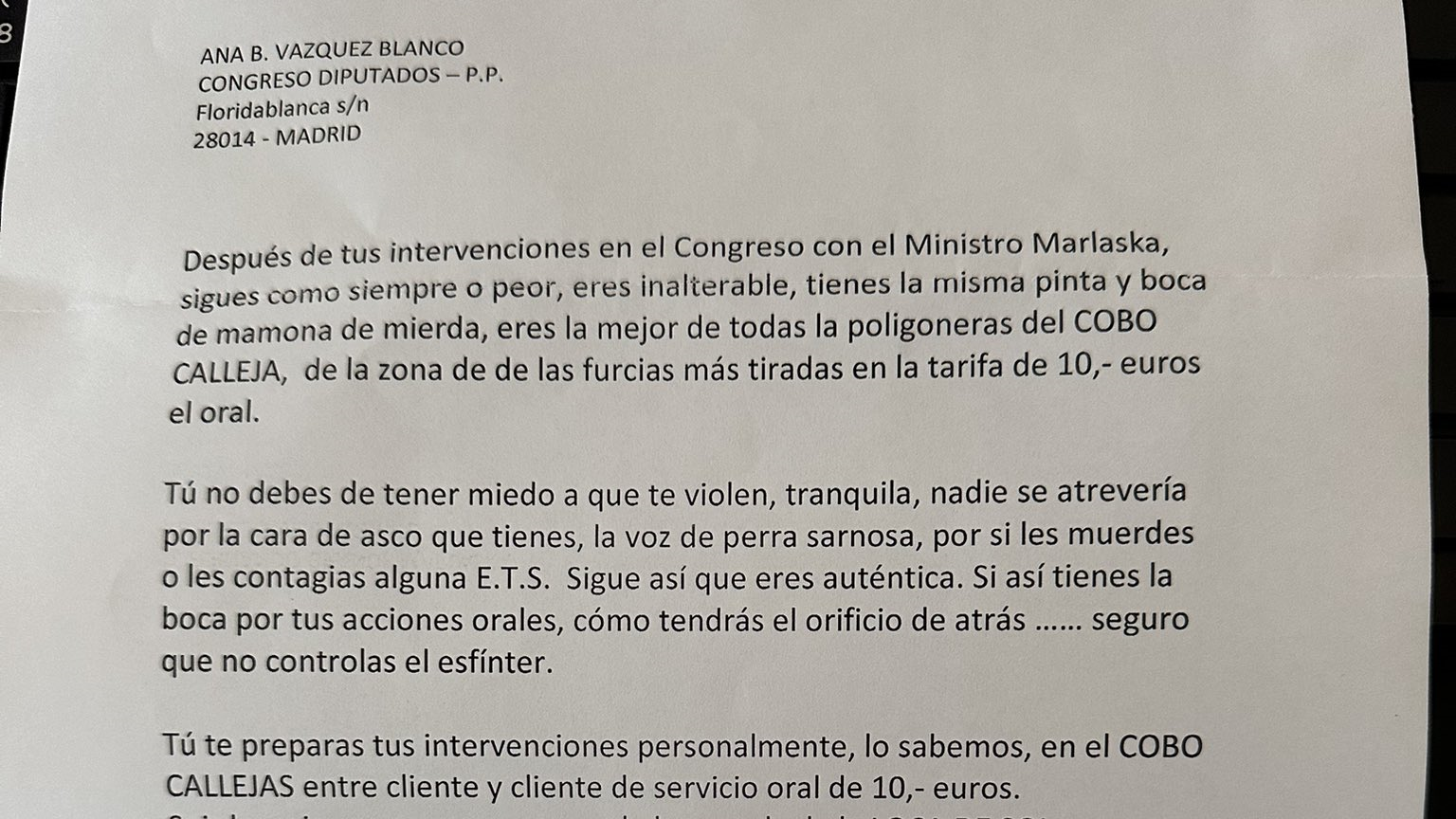 Carta recibida pola portavoz de Interior do PP, Ana Belén Vázquez Blanco